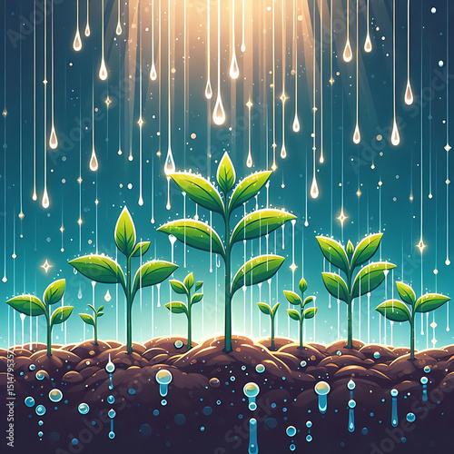 Rain drops falling on the green  sprout with roots in the soil, water the field, clean water and plant, green planet, vector