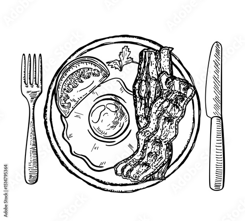 Fried eggs and bacon on the plate. Hand drawn sketch style breakfast ingredients. For menu designs and packages