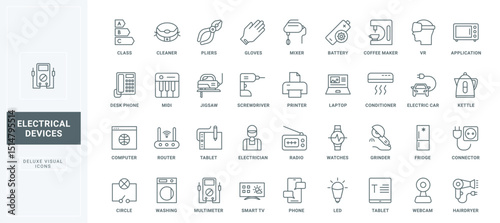Wifi router and computer, tablet and smart TV, LED lamp and electric car thin black outline symbols vector illustration. Electrical appliances and devices, household equipment line icons set.