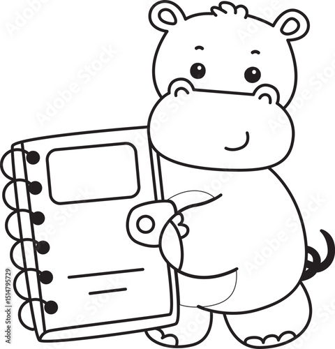 Outline of Cute hippo icon. Coloring page of Funny baby hippo animal series stock illustration. life of fluffy hippo designs.