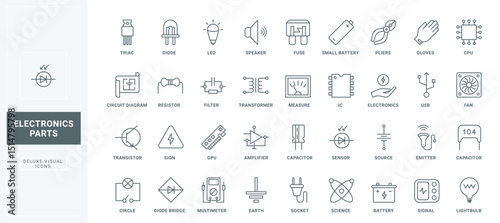 Microchip and diode, hardware transistors, capacitors and resistors, thin black outline symbols vector illustration. Electronic components, electric circuits and devices line icons set.