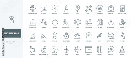 Engineering thin black and red line icons set vector illustration. Outline symbols of engineers tools, global algorithm and settings, support of search, upload and exchange information and ideas