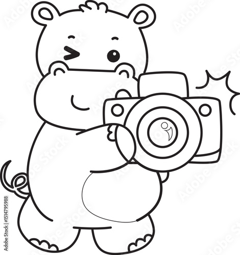 Outline of Cute hippo icon. Coloring page of Funny baby hippo animal series stock illustration. life of fluffy hippo designs.