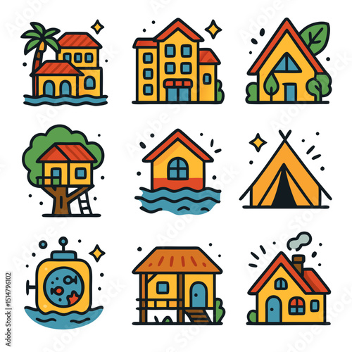 unique accommodations icon packs. include luxury villas, boutique hotels, eco-friendly lodges, treehouse rentals, floating cabins, glamping tent, underwater suites, safari lodges, quirky cottages.