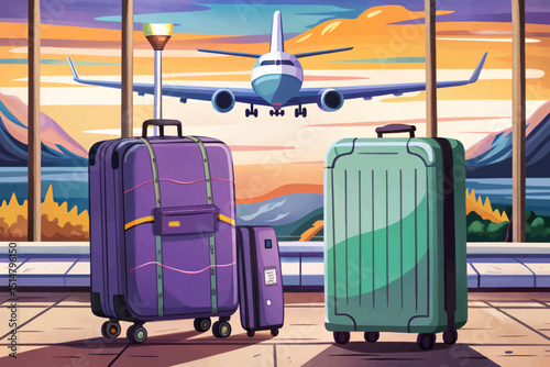 Two suitcases stand airport vector, plane taking off, wait departure illustration