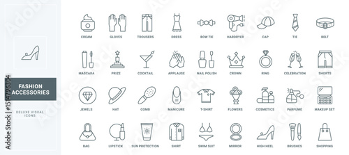 Manicure and sun protection, mirror and hairdryer thin black outline symbols vector illustration. Fashion accessory, clothing and makeup, luxury cosmetics for skin and hair care line icons set.