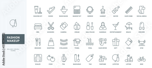 Food and tea, sport and hygiene, skincare for health. Modern life thin black and red outline symbols, social media and shopping vector illustration. Beauty, fashion makeup and lifestyle line icons set