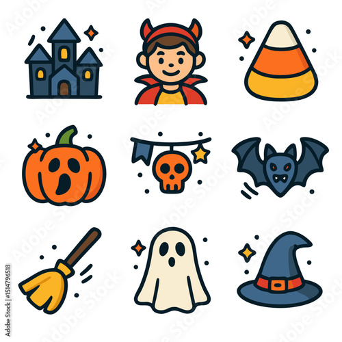 nine halloween icons. include haunted house, costume party, candy corn, ghost pumpkin, spooky decorations, vampire bat,   witches broom, ghost costume, witch hat.