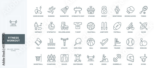 Tennis and skateboard, scales to control weight and power workout thin black outline symbols vector illustration. Healthy exercises in gym or stadium, team sport games line icons set.