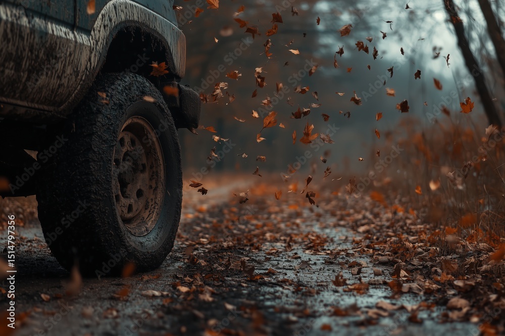 Fototapeta premium A picture of a wheel of a car on a dirt road with leaves falling.