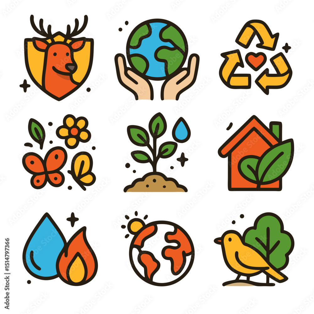 Obraz premium Nine environmental concept icons ideal for ecofriendly presentations, websites, and educational materials related to sustainability and earth conservation.