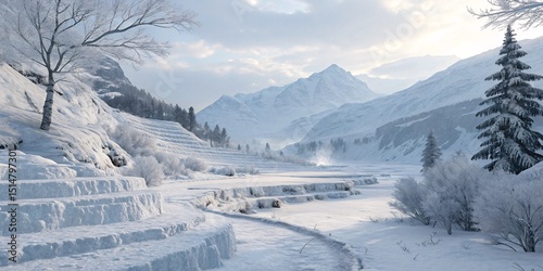 Winter Wonderland Snowy Terraced Landscape with Frozen Ice V10