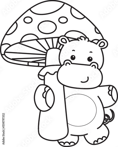Outline of Cute hippo icon. Coloring page of Funny baby hippo animal series stock illustration. life of fluffy hippo designs.