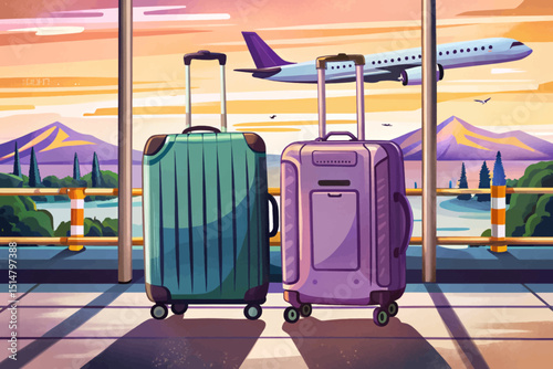 Two suitcases stand airport vector, plane taking off, wait departure illustration
