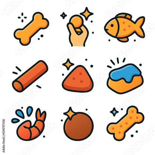 Nine cartoon icons of pet food suitable for pet stores, websites, blogs, social media, posters, packaging, and promotional materials.