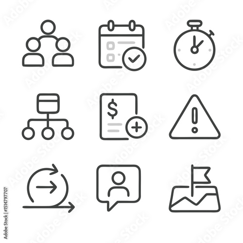 Nine line icons depict project management, perfect for presentations, websites, and reports on organizational tasks, planning, and team coordination.
