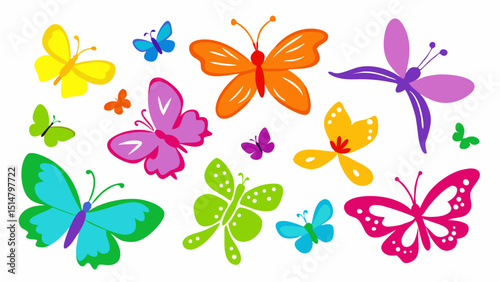 A vibrant collection of colorful butterflies, each with unique patterns and hues, adds a whimsical touch to any design project or children's book.