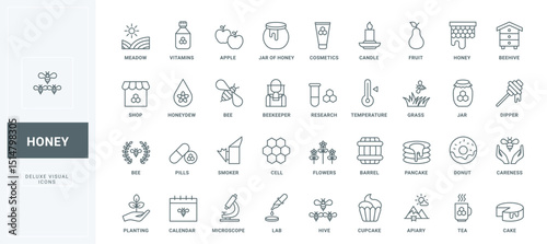 Honeycomb and beehive for bees, dipper stick with organic liquid honey for breakfast dessert thin black outline symbols vector illustration. Honey products, apiary, beekeeping line icon set.