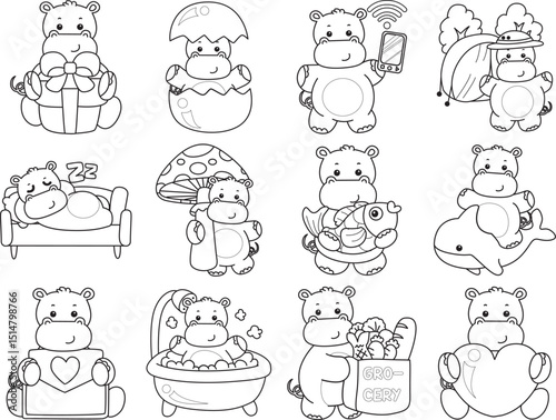 Outline of Cute hippo icon. Coloring page of Funny baby hippo animal series stock illustration. life of fluffy hippo designs.