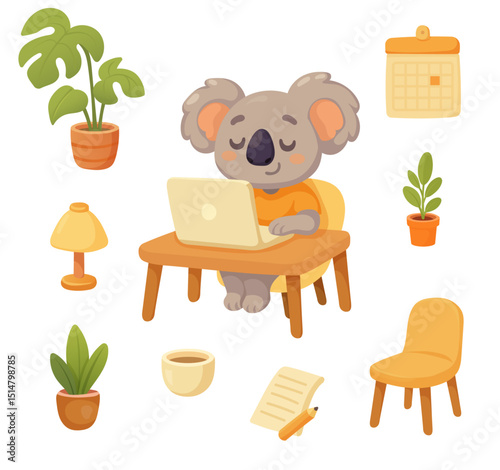 koala set at desk while working remotely
