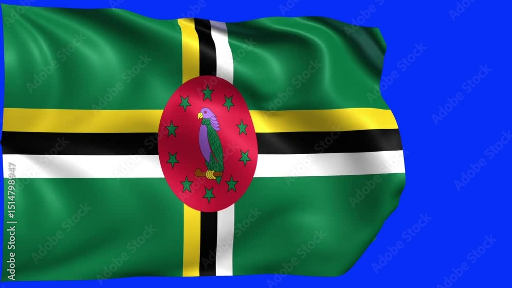 Animated flag of Dominica waving on blue screen background