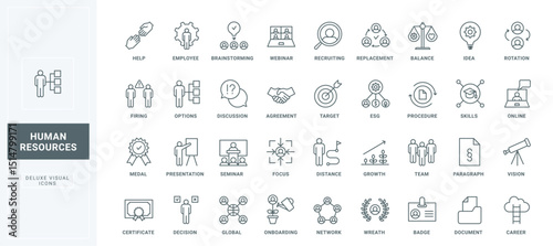 Search and recruit of manager, candidate selection options and skills training, HR vision and strategy thin black outline symbols vector illustration. Human resources, employment line icon set.