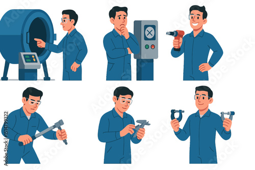 Aerospace engineer using curing oven, vacuum chamber, rivet gun, torque wrench, calipers, micrometers with expressive emotions