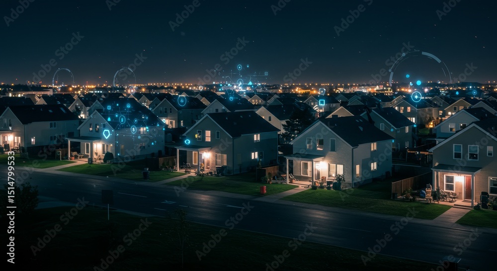 Fototapeta premium Night Photo Of Residential Houses In Neighborhood At Evening Illumination