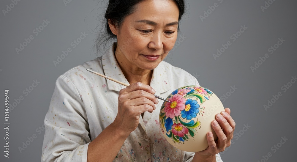 Fototapeta premium Asian woman meticulously painting a decorative Easter egg.