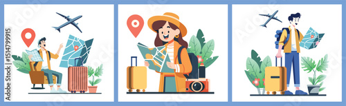 Vacation ,Happy Traveler with Map, Ready for takeoff, Adventure Awaits, Travel Planning ,Travel Adventures, Adventure flat art vector illustration 