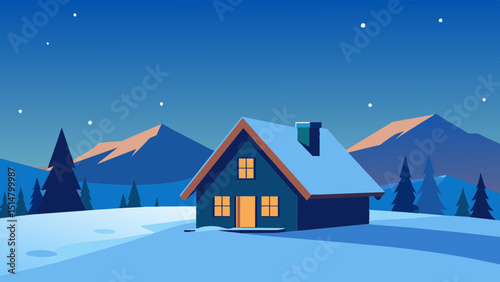Warm Winter Cabin with Falling Snow Vector
