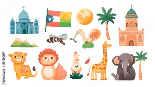 Cartoonish icons of diverse world landmarks, flags, animals, and plants