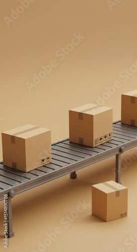 Studio Shot Boxes on Conveyor Belt Brown Cardboard Packaging Transport