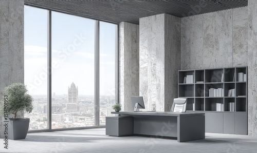 Modern, minimalist office with city views.  Gray tones, concrete walls, large windows