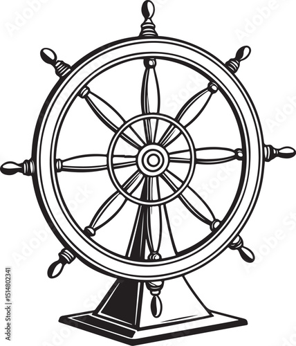 Sailor Wheel Vector Illustration, Sketch Drawing Line Linear Symbol Icon Engraving Coloring Book, Hand-drawn Black and White Isolated