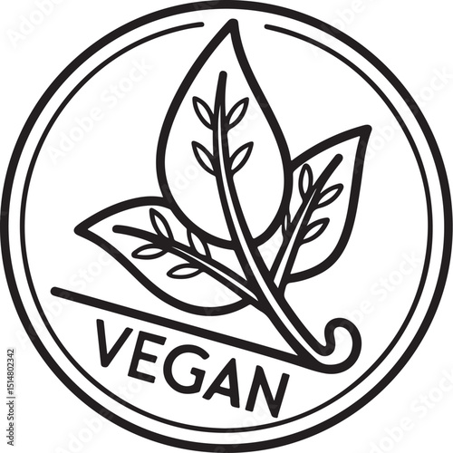 Vegan Sticker Label Stamp Vector Illustration, Sketch Drawing Line Linear Symbol Icon Engraving Coloring Book, Hand-drawn Black and White Isolated
