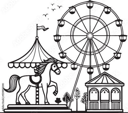 Fair Ferris Wheel Vector Illustration, Sketch Drawing Line Linear Symbol Icon Engraving Coloring Book, Hand-drawn Black and White Isolated