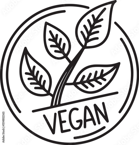 Vegan Sticker Label Stamp Vector Illustration, Sketch Drawing Line Linear Symbol Icon Engraving Coloring Book, Hand-drawn Black and White Isolated