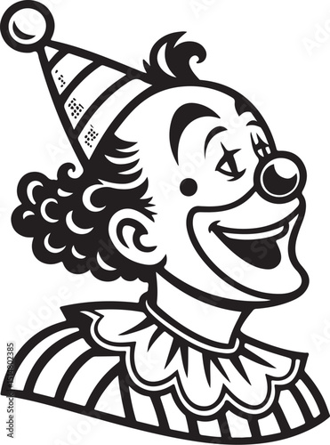 Clown Vector Illustration, Sketch Drawing Line Linear Symbol Icon Engraving Coloring Book, Hand-drawn Black and White Isolated