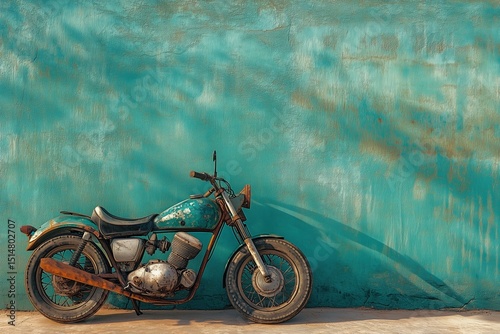 A vintage motorcycle is parked against a textured wall in a shade of teal.