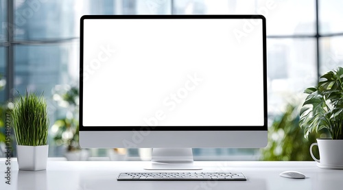 Modern computer monitor on a white desk in a bright office