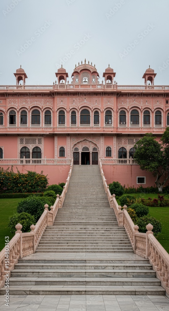 Fototapeta premium Photo of Pink Ornate Building Facade with Stairs and Architectural Details