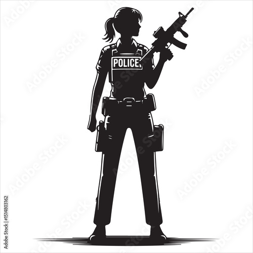 Police Officer in Action Silhouette - Defending Law and Order, black colour vactor 