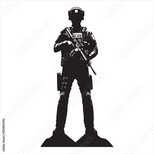 Police Officer in Action Silhouette - Defending Law and Order, black colour vactor 