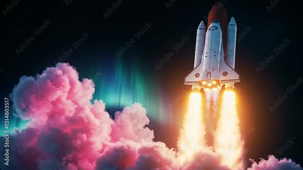 Rocket Launching into Colorful Aurora Sky at Night