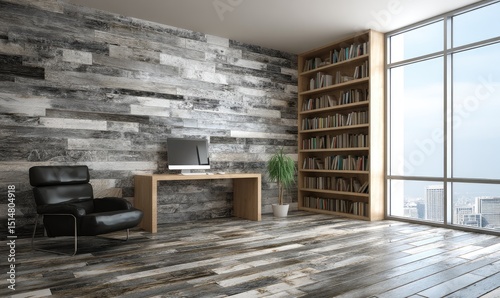 Modern home office with a wood-look wall and large window