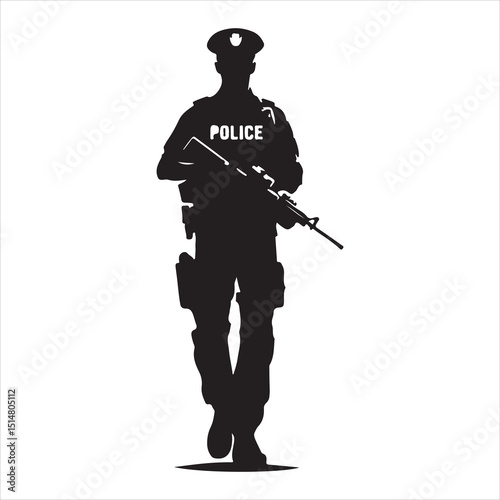 Police Officer in Action Silhouette - Defending Law and Order, black colour vactor 