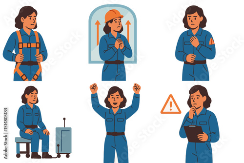 Flat vector illustration of female aerospace engineer in six full-body poses showing different emotions and tasks safety cautious, hopeful simulation, emergency tense, calm testing, thrilled success, 
