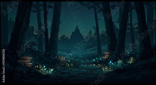 Pixel Art Forest Night Landscape Glowing Mushrooms Stars Trees Nature
