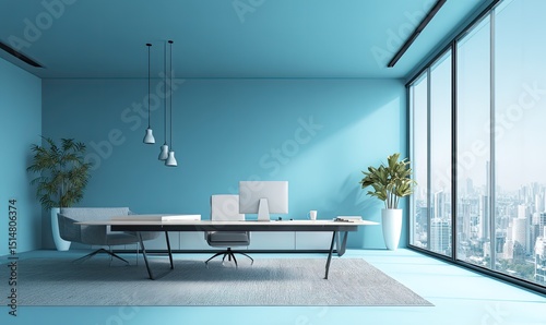 Modern, light-filled office in soft blue